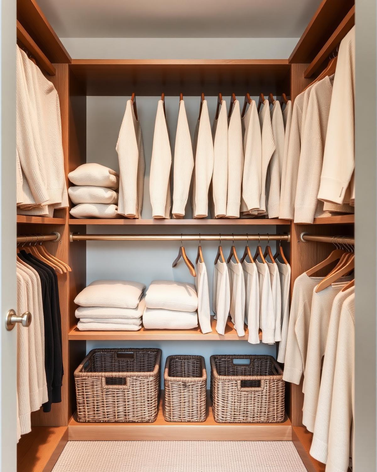 Curated walk-in closet with linen and wood
