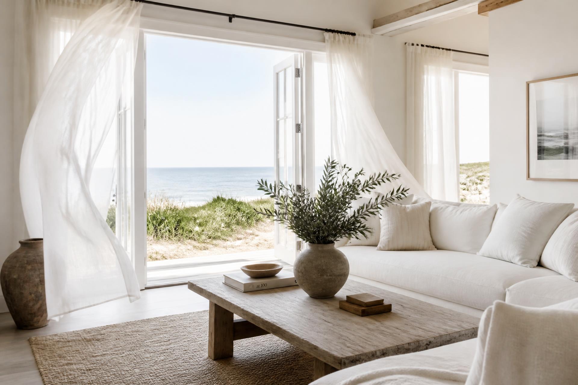 Sunlit coastal living room with billowing linen curtains